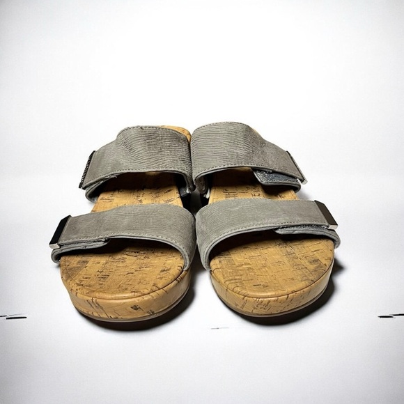 🌻Vionic Gray Pepper Ruched Leather Cork Wedge Slide Sandals Size 7W (wide) - Picture 6 of 11